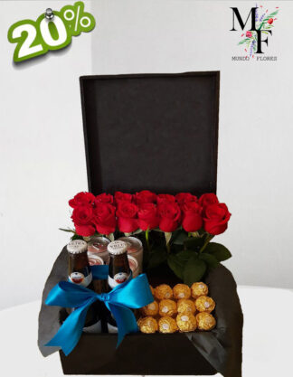 CAJA CON CHOCOLATES CERVEZAS Y ROSAS